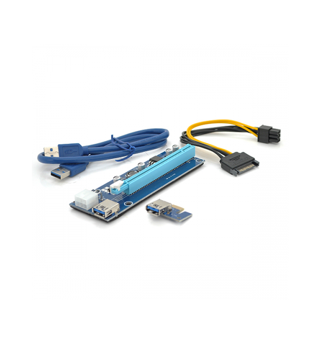 Райзер PCI-EX, x1-x16, 6-pin, SATA-6Pin, USB 3.0 AM-AM 0,6 м (синий) , конденсаторы CS 220 16V, Пакет