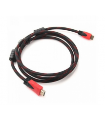 Кабель Merlion HDMI-HDMI 2.0 m, v1. 4, OD-7.4 mm, 2 фільтра, оплетка, круглий Black-RED, коннектор RED-Black, (Пакет), Q120