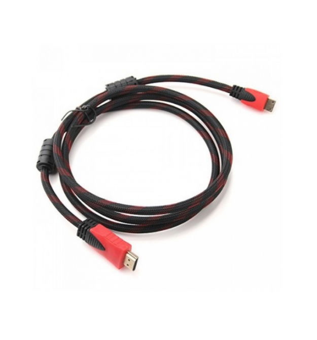 Кабель Merlion HDMI-HDMI 2.0m, v1.4, OD-7.4mm, 2 фильтра, оплетка, круглый Black - RED, коннектор RED - Black, (Пакет), Q120