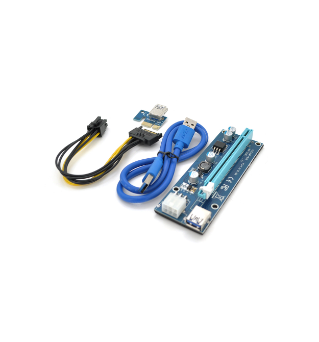 Riser PCI-EX, x1-x16, 6-pin, SATA-6Pin, USB 3.0 AM-AM 0,6 м (синий) , конденсаторы FP5K, Пакет