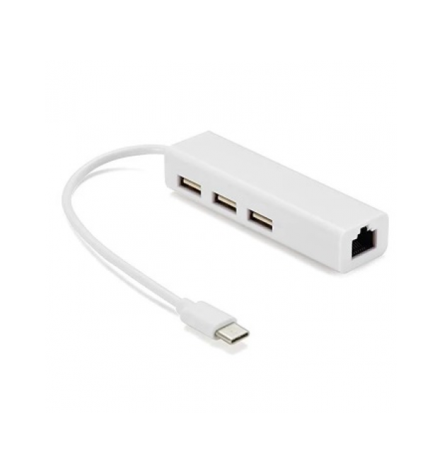 Контроллер Type-C to Ethernet Мережеий адаптер 10 - 100Mbps з проводом + 3 порти USB3.0, White, Blister-Box