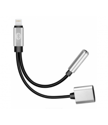 Перехідник 2 в 1 Y026 Lighting(M) -Lighting(F) + Jack 3.5mm(F), 5см, Black - Silver, Box