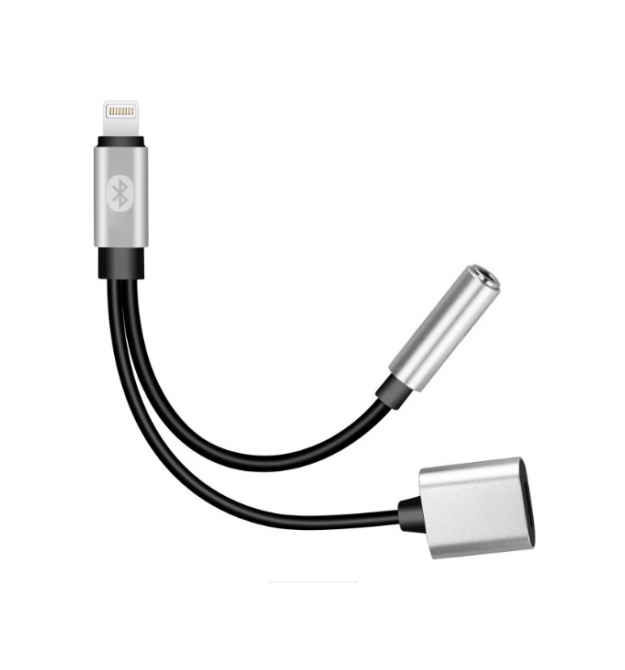 Переходник 2 в 1 Y026 Lighting(M) -Lighting(F) + Jack 3.5mm(F), 5см, Black - Silver, Box