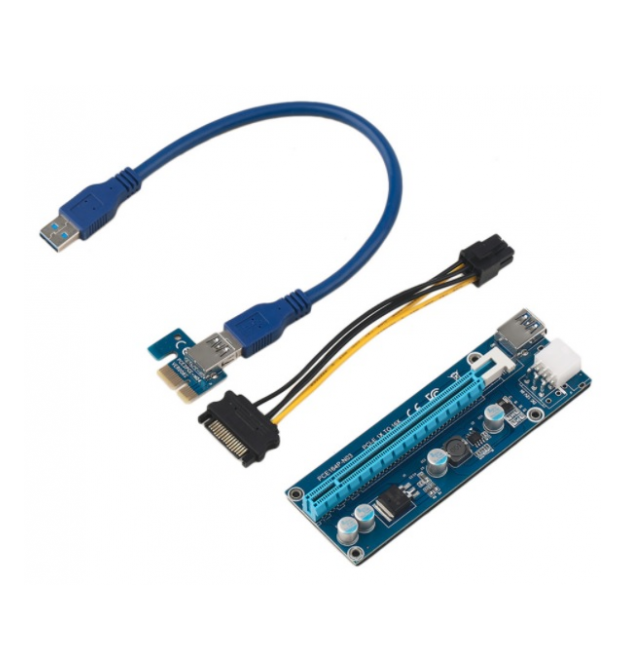 Riser PCI-EX, x1-x16, 6-pin, SATA-6Pin, USB 3.0 AM-AM 0,6 м (синий) , конденсаторы F51F, Пакет