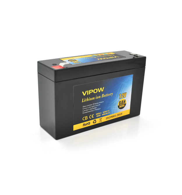 Аккумуляторная батарея литиевая Vipow 12 V 8A с элементами Li-ion 18650 со встроенной ВМS платой, (3S4P) (151х50х94(100))мм