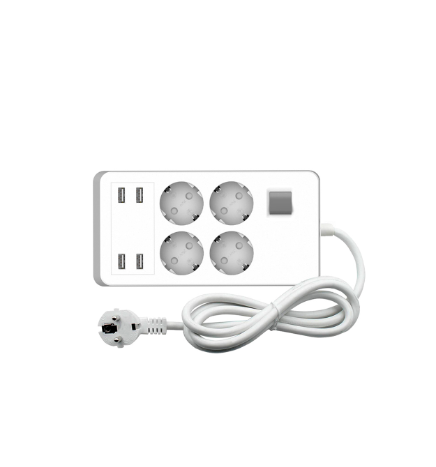 Мережевий фільтр на 4 розетки + 4 USB виходи 5V-2.4A, кнопка включення з індикатором, 16A, 250V - 4000W, Black