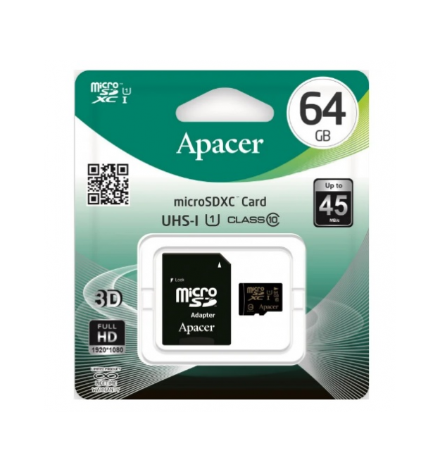 Карта памяти Apacer microSDHC Class 10 UHS-I, 64GB