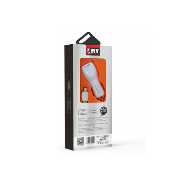 Набор 2 в 1 АЗУ With Iphone Cable DC12-24V MY-112, 2 x USB, 5V - 12W, Output: 5V - 2.4A, White, Blister- box, Q25