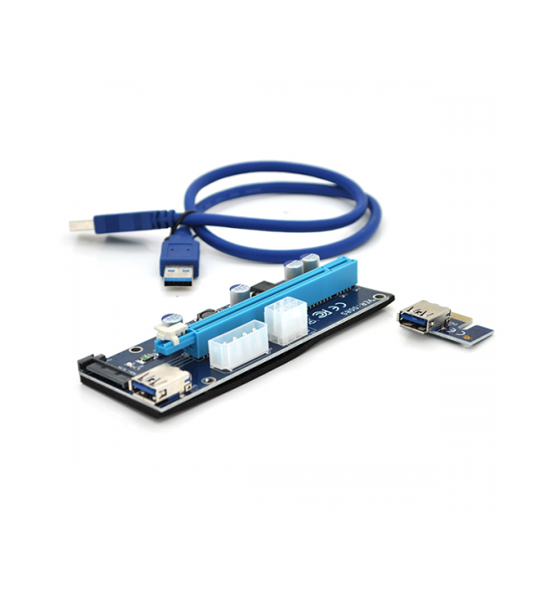 Riser PCI-EX, x1-x16, 4-pin - 6-pin - Sata, USB 3.0 AM-AM 0,6 м (красный), конденсаторы UER, Пакет