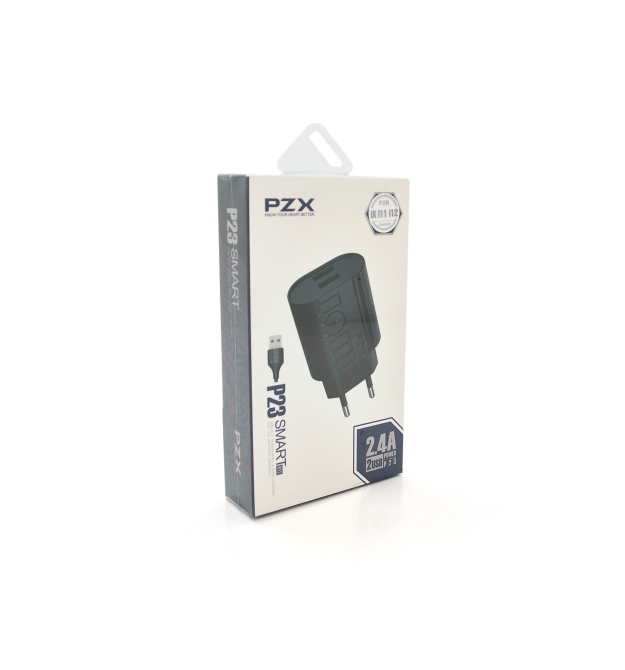 Набор 2 в 1 СЗУ With iPhone Cable 110-240V PZX P23, 2xUSB, 2,4A, Black, Blister-box