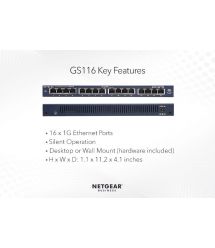 Комутатор NETGEAR GS116GE 16xGE, некерований