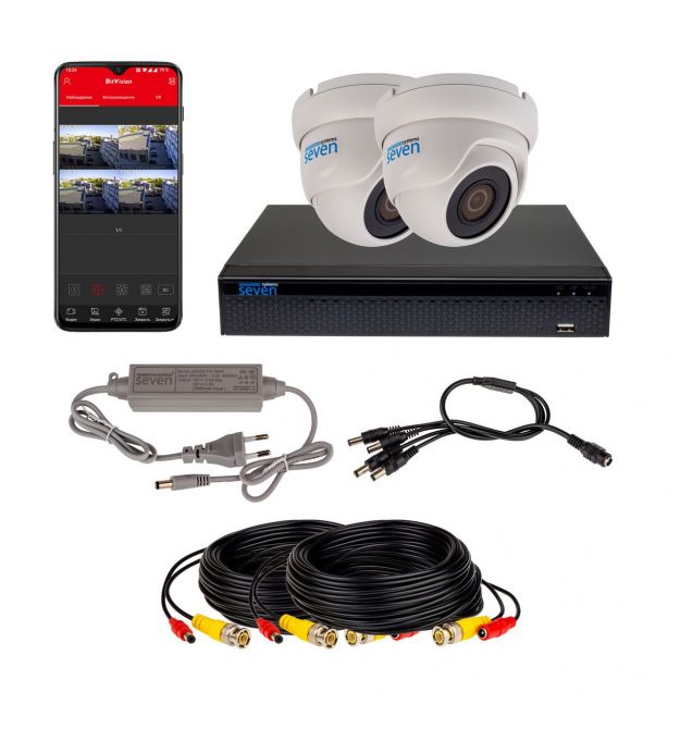 Комплект видеонаблюдения на 2 купольные 2 Мп камеры SEVEN KS-7612OW-2MP