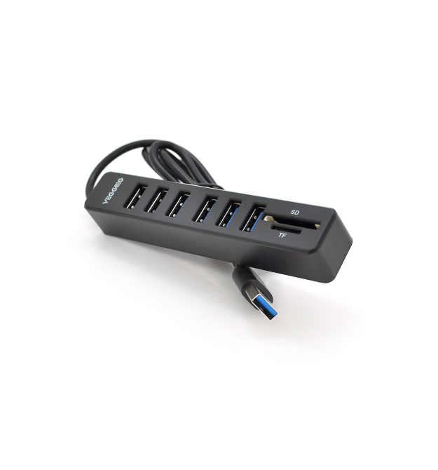 Хаб-кардридер универсальный VEGGIEG V-C306, USB2.0 8in1 card reader （SD+TF+6*USB), Black,Blister-Box