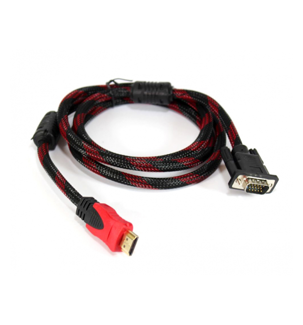 Кабель HDMI (тато)-VGA (тато) 1,5 м, 2 ферити, обплетення, круглий Black - RED, Пакет (працює тільки з конвертором), Q150