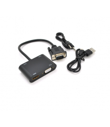 Конвертер VEGGIEG V2-H VGA (папа) на VGA(мама) + HDMI (мама), 25cm, Black, Пакет