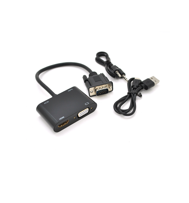 Конвертер VEGGIEG V2-H VGA (папа) на VGA(мама) + HDMI (мама), 25cm, Black, Пакет