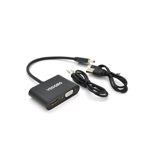 Конвертер VEGGIEG H-V500 HDMI (папа) на VGA(мама) + HDMI (мама), 25cm, Black, Пакет