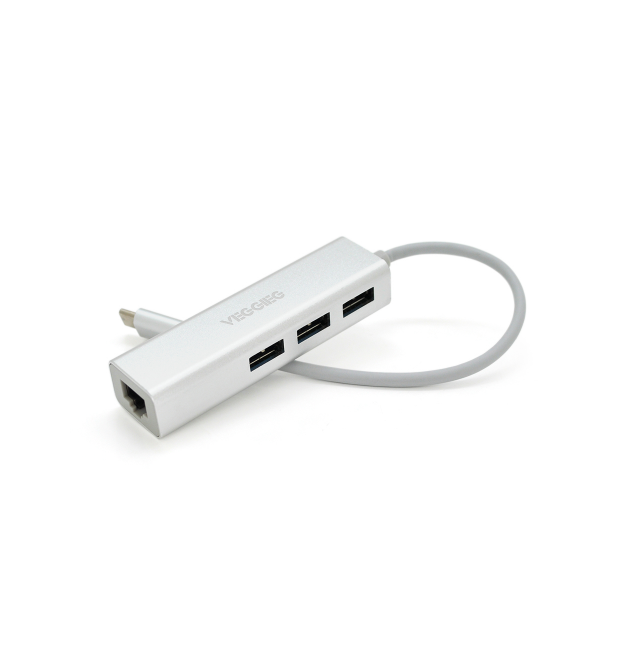 Хаб-конвертор Type-C to Ethernet VEGGIEG U3J-3C-S - Сетевой адаптер 100 - 100Mbps с проводом + 3 порта USB3.0, White, Metal, Bli