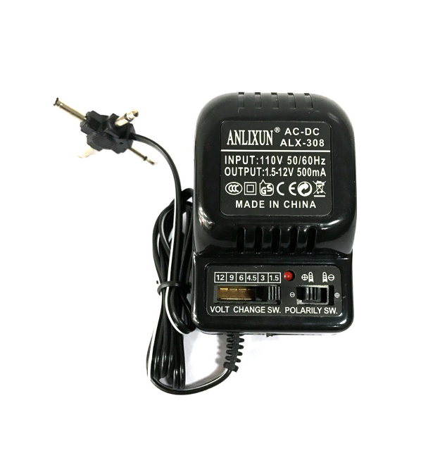 Адаптер питания ALX-308 с регулировкой 1,5V-12V 0,5A, штекер 5,5*2,1, jack3,5, LED - индикация