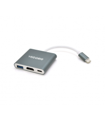 Хаб-конвертор VEGGIEG TC03 Type-C (папа) на Type-C(мама) + USB3.0(мама) + HDMI(мама), 10 см, Silver, Box