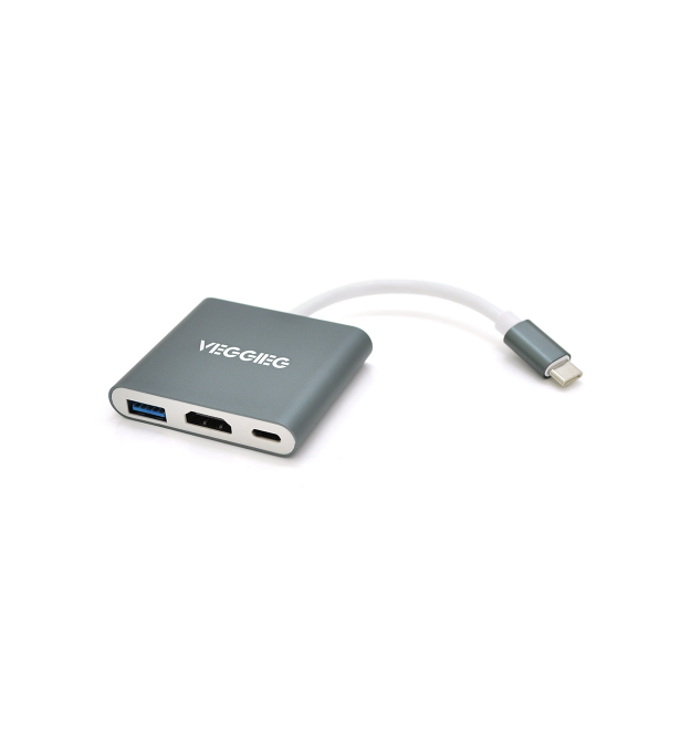 Хаб-конвертор VEGGIEG TC03 Type-C (папа) на Type-C(мама) + USB3.0(мама) + HDMI(мама), 10 см, Silver, Box