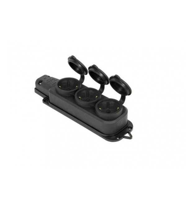 Колодка PiPo PP - SP-3133 - 3 - 44 - 16B, 16А, 220-240В, IP44, с заглушкой, с заземлением 3 гнезда, каучук, черный, Q25