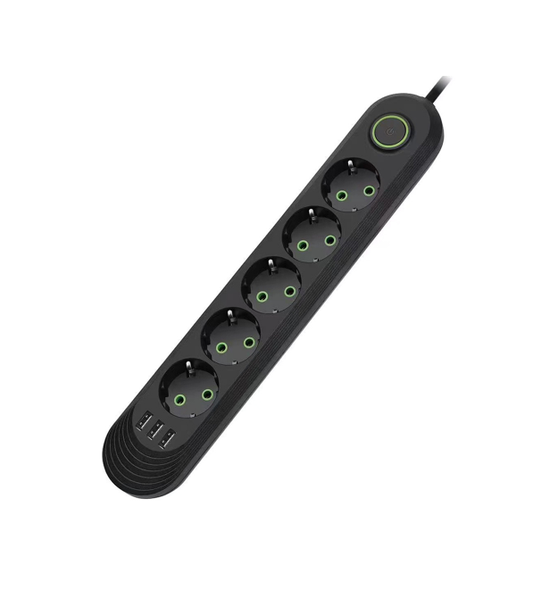 Сетевой фильтр F05U, 5 розеток EU + 3 USB, 1.5 м, сечение 3х0,75мм, 2500W, Black, Box