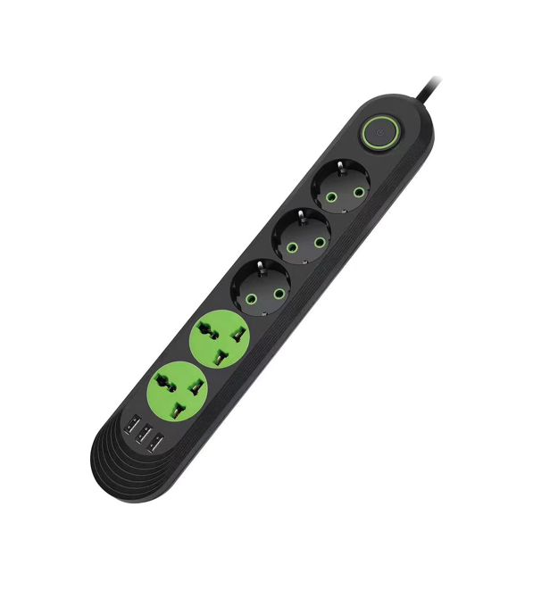 Сетевой фильтр F02U, 3 розетки EU + 2 розетки Universal + 3 USB, 1.5 м, сечение 3х0,75мм, 2500W, Black, Box