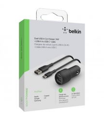 Belkin Автомобильное ЗУ Car Charger 24W Dual USB-A, USB-A - USB-C, 1m, black