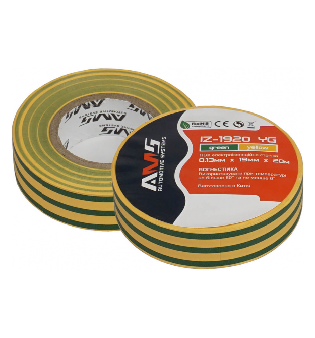 Изолента AMS IZ-1920 YG глянцевая 0,13х19мм 20м желто-зеленая ПВХ (0+80 ℃) цена за 1шт