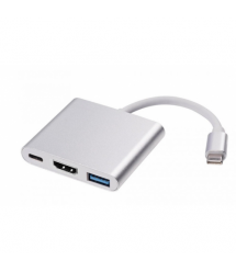 Конвертер Type - C(ТАТО) на HDMI(мама)+USB 3.0(мама)+Type-C (мама) 10cm, Silver, 4K / 2K, Пакет