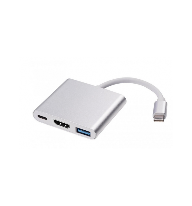 Конвертер Type - C(ТАТО) на HDMI(мама)+USB 3.0(мама)+Type-C (мама) 10cm, Silver, 4K / 2K, Пакет