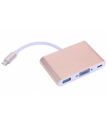 Конвертер Type-C (папа) на VGA(мама)+USB 3.0(мама)+Type-C(мама) 10cm, GOLD, 4K / 2K, Пакет