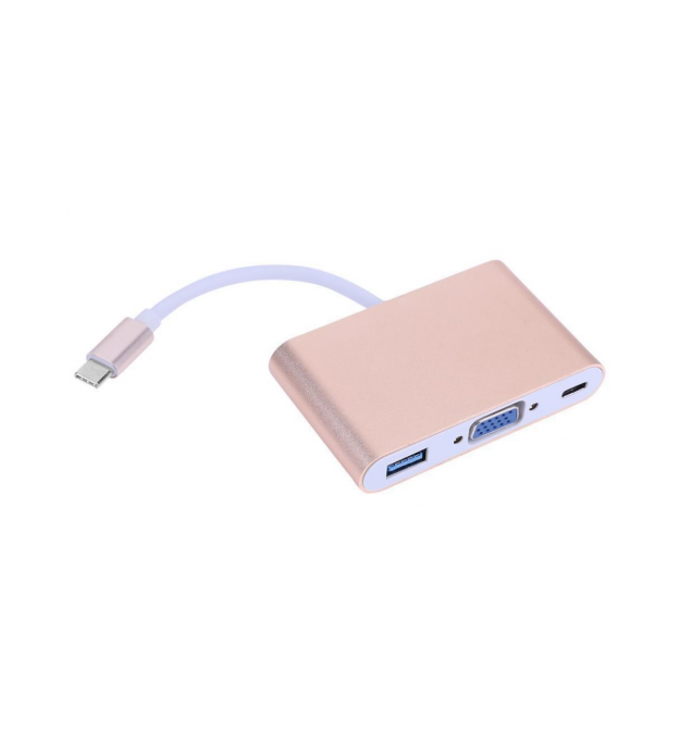 Конвертер Type-C (папа) на VGA(мама)+USB 3.0(мама)+Type-C(мама) 10cm, GOLD, 4K / 2K, Пакет