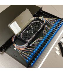 Патч-панель оптична висувна, 48xLC Duplex адаптерів OM3-ОМ4 та 96 пігтейлів, сплайс-касети MFT, MM, 1U, чорна, Corning