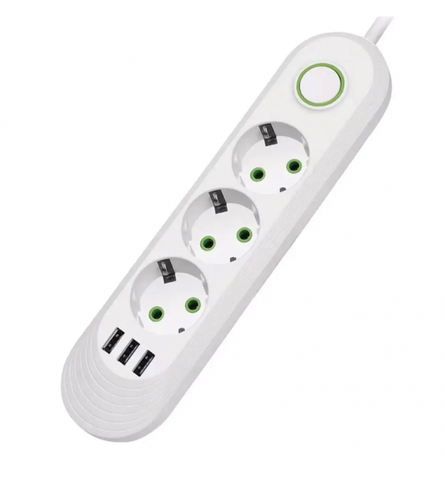 Сетевой фильтр F03U, 3 розетки EU + 3 USB, 1.5 м, сечение 3х0,75мм, 2500W, White, Box