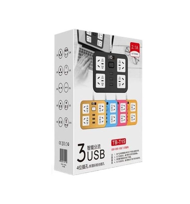Сетевой фильтр ТВ-Т15, 4 розетки + 3 USB, 2 м, сечение 3х0,75мм, 2500W, Black, Box