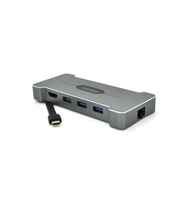 Хаб-конвертор VEGGIEG TC06 Type-C (папа) на Type-C(мама) + USB3.0*3(мама) + HDMI(мама) + RJ45, Silver, Box