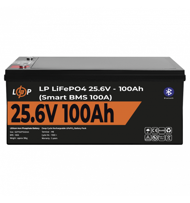 Аккумулятор LP LiFePO4 24V (25,6V) - 100 Ah (2560Wh) (Smart BMS 100А) с BT пластик для ИБП