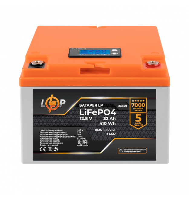Аккумулятор LP LiFePO4 12,8V - 32 Ah (410Wh) (BMS 50А/25A) пластик LCD