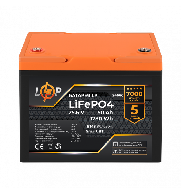 Аккумулятор LP LiFePO4 25,6V - 50 Ah (1280Wh) (BMS 80A/50А) пластик Smart BT