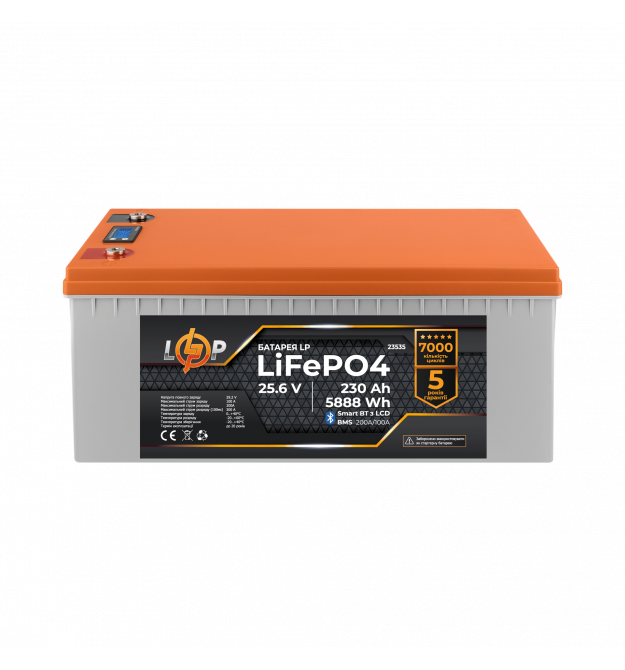 Аккумулятор LP LiFePO4 25,6V - 230 Ah (5888Wh) (BMS 200A/100А) пластик LCD Smart BT