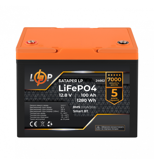 Аккумулятор LP LiFePO4 12,8V - 100 Ah (1280Wh) (BMS 100A/50А) пластик Smart BT