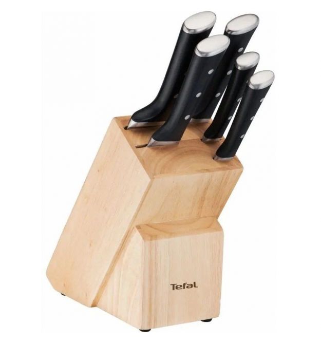 Tefal Набор ножей Ice Force, 5 пр., с деревянной колодкой, нержавеющая сталь, плаcтик, черный