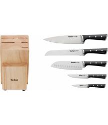 Tefal Набор ножей Ice Force, 5 пр., с деревянной колодкой, нержавеющая сталь, плаcтик, черный
