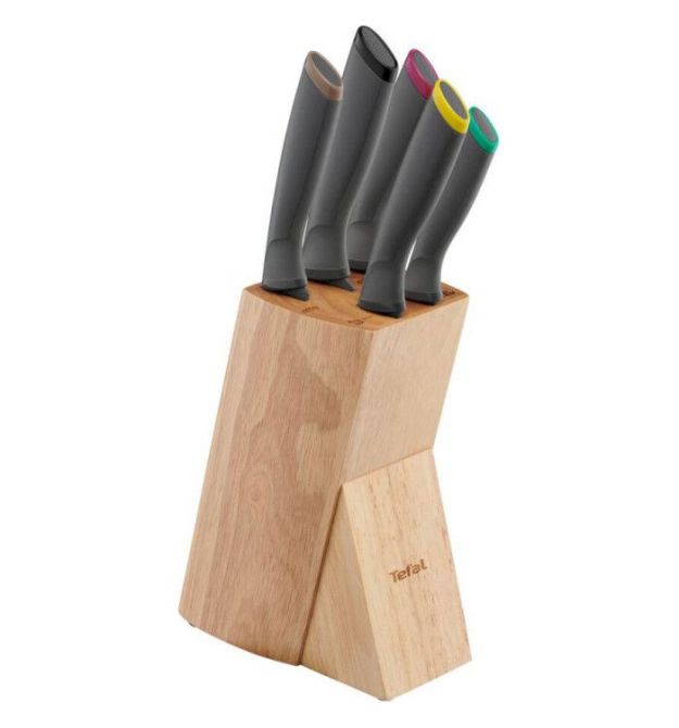 Tefal Набор ножей Fresh Kitchen, деревянная колода, 5шт, нержавеющая сталь, пластик, дерево, черный