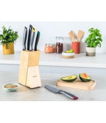 Tefal Набор ножей Fresh Kitchen, деревянная колода, 5шт, нержавеющая сталь, пластик, дерево, черный