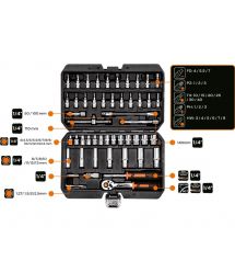 Набор инструментов Neo Tools, Набор торцевых головок 73шт, 1/2", 1/4", CrV, кейс