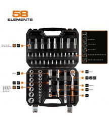 Набір інструментів Neo Tools, Набір торцевих головок, 58шт, 1/2", CrV, кейс