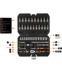 Neo Tools Набор инструмента, Набор торцевых головок, 46шт, 1/4", CrV, кейс